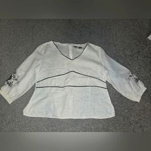 Edward Irish Linen Embroidary Puff Sleeves Top Zipper Back XL Summer Lightweight